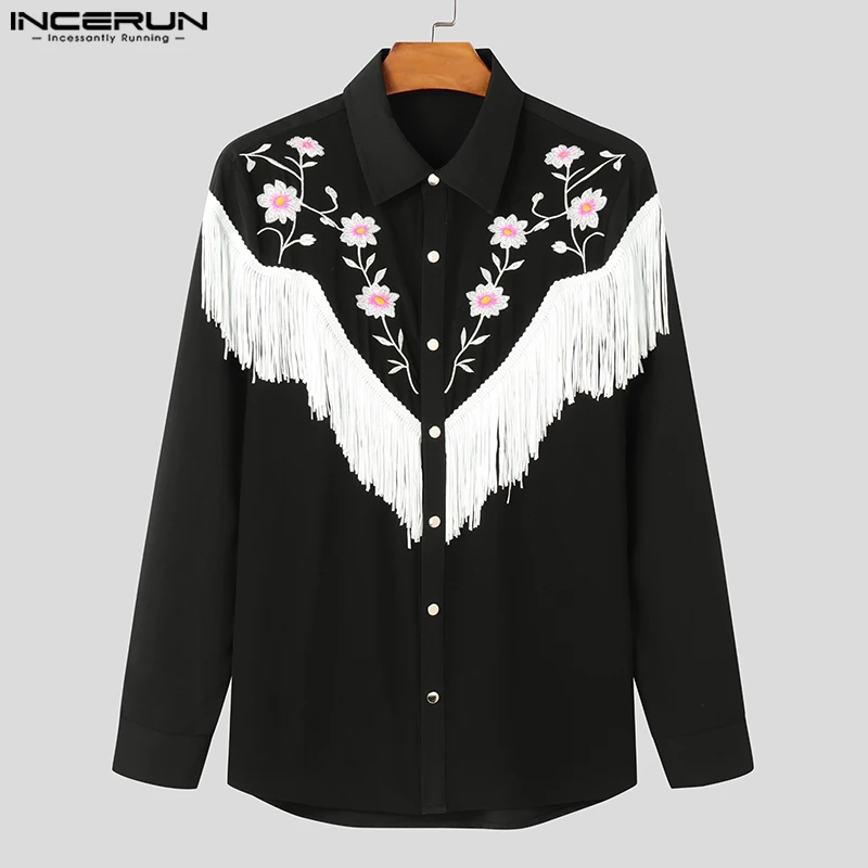 2024 Handsome Casual Long Sleeve Shirts INCERUN Men Loose Turn Down Collar Tassel Blouses Fashion Printing Lace Splicing Tops