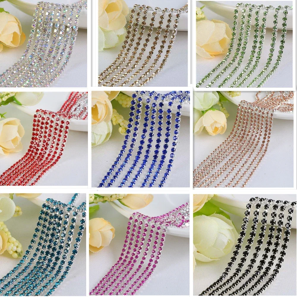 1M 30Colors SS6-SS16 Glass Crystal Rhinestone Chain Silver Bottom Sew on Cup Chains for DIY Garment Bags Decorations Accessories