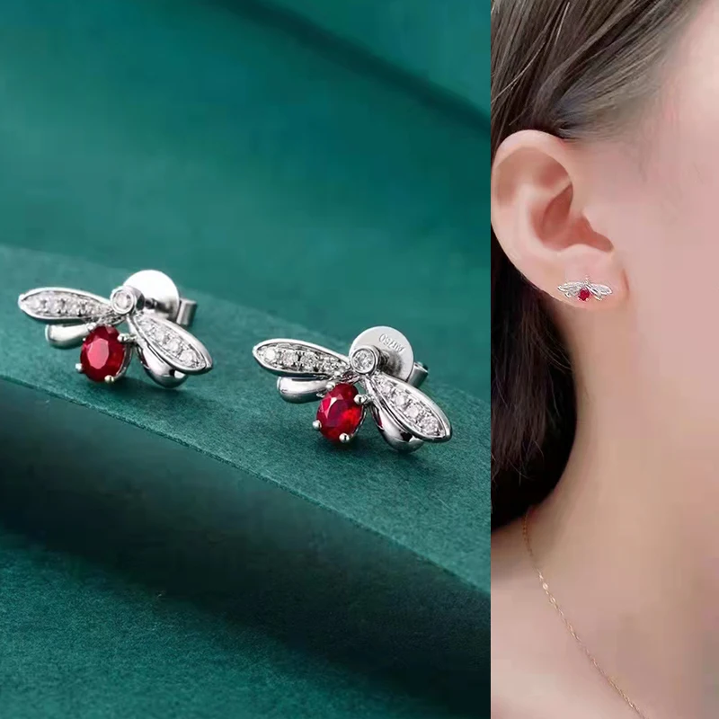 0.42 Carat Natural Ruby 18K White Gold Bee Stud Earrings Women's Birthday Gift Fine Jewelry Au750