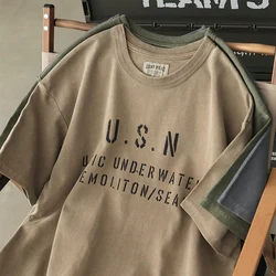 Summer American Retro Military Style Letter Printed T-shirt Men's Fashion 100% Cotton Short Sleeve Washed Old Loose Casual Tops