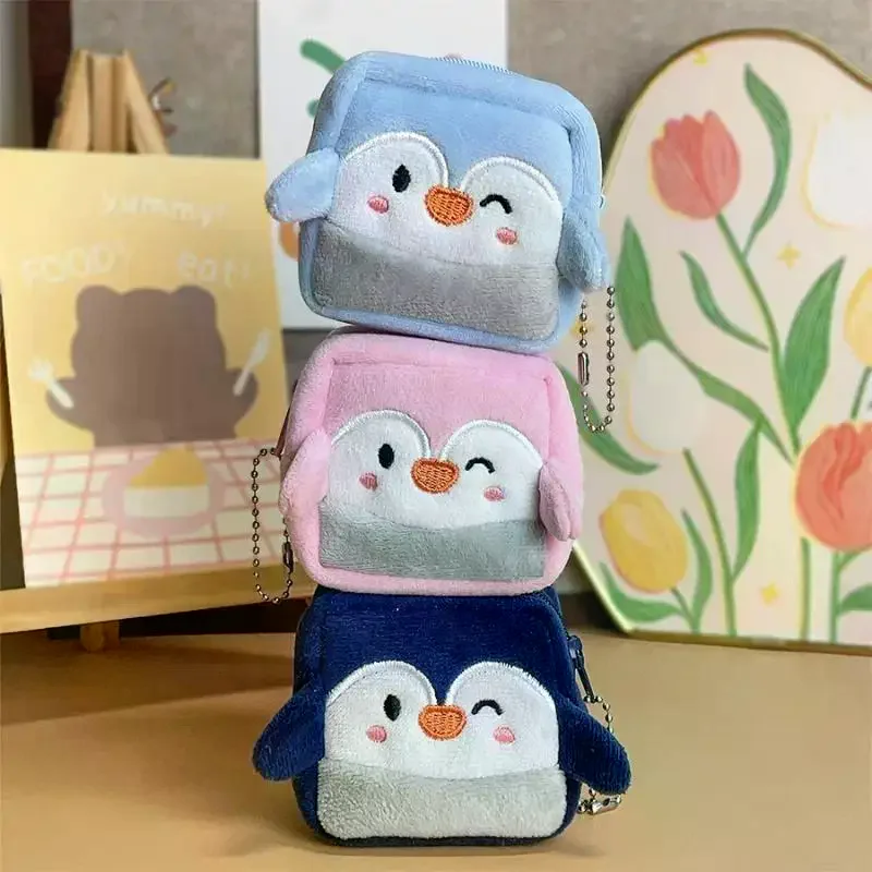 Women's Plush Square Coin Purse Adorable Penguin Pattern Soft Zipper Closure Mini Storage Bag for Students School Use