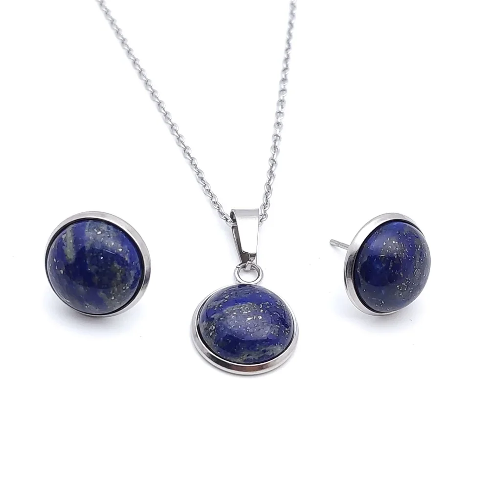 12MM Stone Pendant Stainless Steel Stud Earrings Necklace Jewelry Set Tiger Eye Opal Blue Pink Crystal Collar Women Men Gift