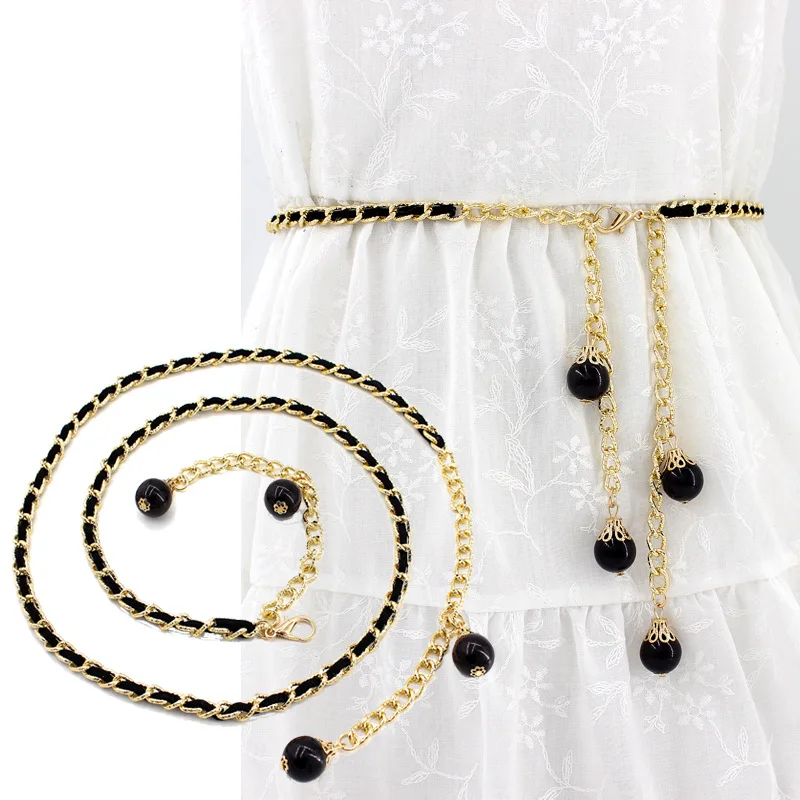 

Korean Style Women Fashion Waist Chain, Metal Hook Adjustable Strap Thin Pearl Decorative Belt for Dresses