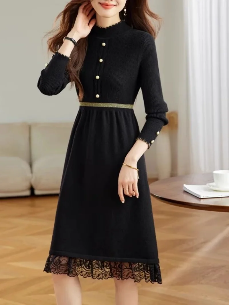 Knitted Dress Women's Spring And Autumn Winter Lace Splicing Fake Two Piece Mid Length A-line Bottom Woolen Dress W1636