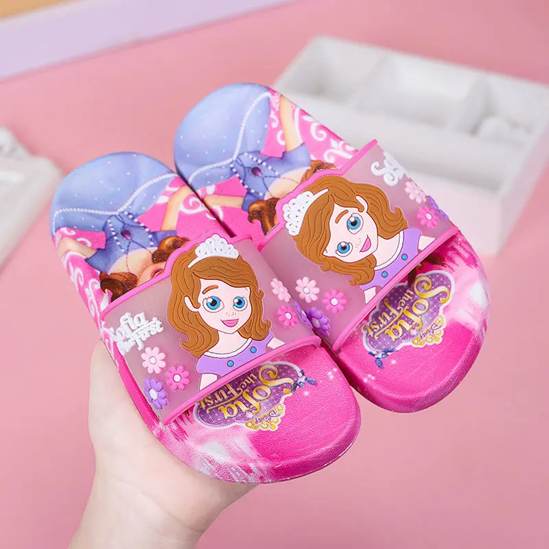 Disney Children\'s Slippers Summer Girls Indoor Anti-skid Soft Bottom Cartoon Baby Girls Boy Fashion Pink Blue Shoes Size 24-37