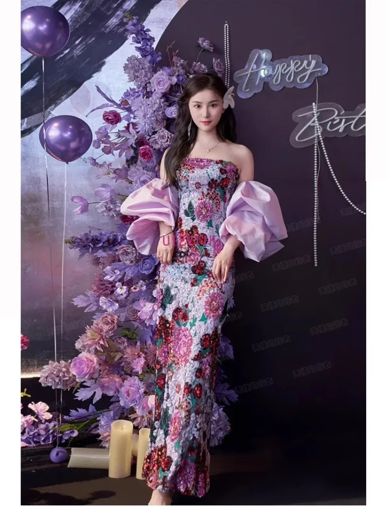 Elegant Embroidery Long Party Evening Dresses for Women New Puff Sleeves Sequined Prom Dress Vintage Strapless Wedding Dresses