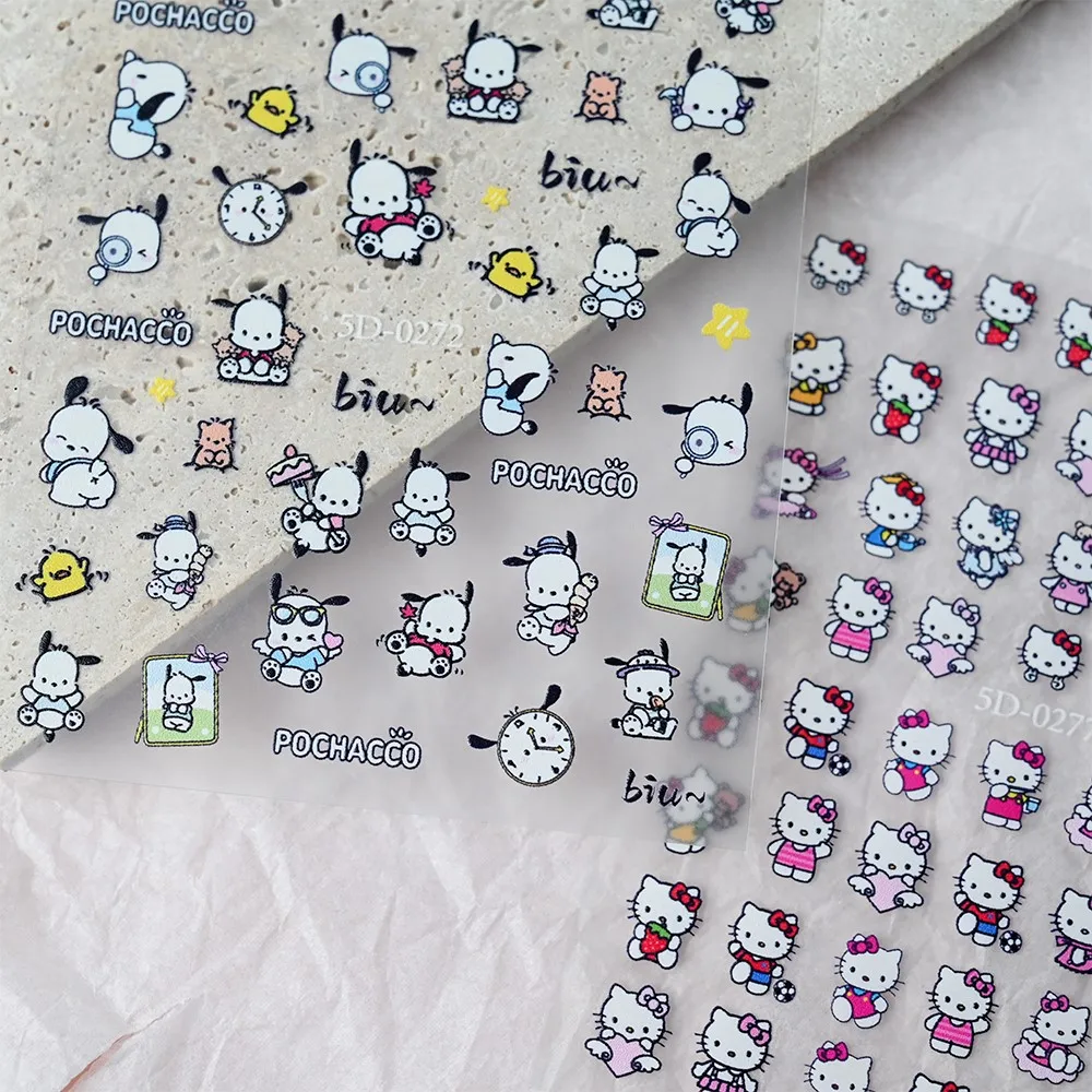 5D Cute Sanrio Pochacco Nail Stickers Embossed Relief Kuromi Kitty Cat Nail Decals Kawaii Cartoon Pochacco Dog Manicure Sliders