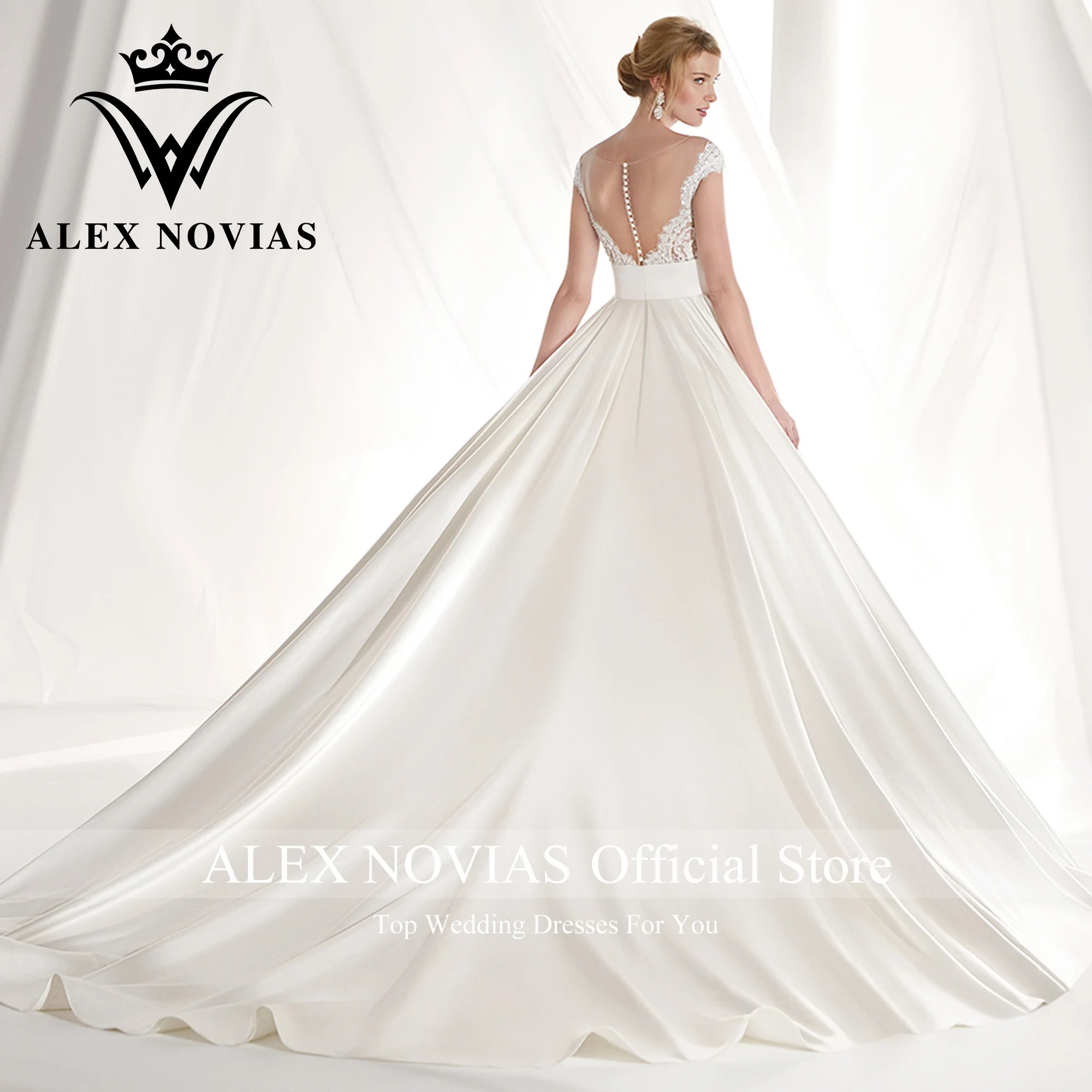 Robe De mariée en Satin avec poches, Illusion d'alex NOVIAS, manches courtes, col en v, 2023