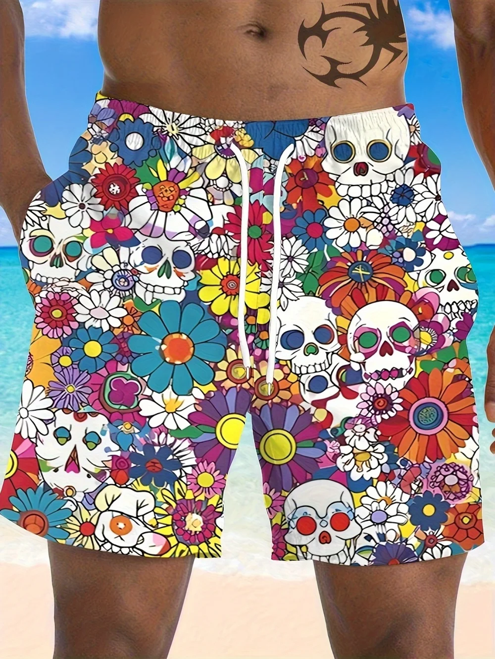 Summer New Men's Casual Shorts Skull Flower Graphic 3D Printed Fashion Shorts Men Quick-Dry Vacation Hawaiian Style Beach Shorts