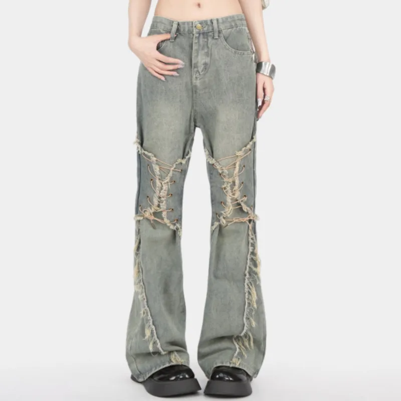 ANJY خريف جديد إمرأة الأمريكية الرجعية Bootcut الجينز شيك الدانتيل متابعة المتوترة حافة شارع العليا Y2K أنيق Ins عادية الدينيم السراويل A8891