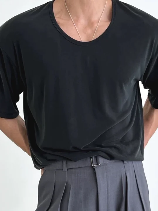 

Qui Dry Ice Silk Loose ort Sve Large Collar Lightweight Cool Thin Men's T-irt Comfortable Breathable Summer Sport irt
