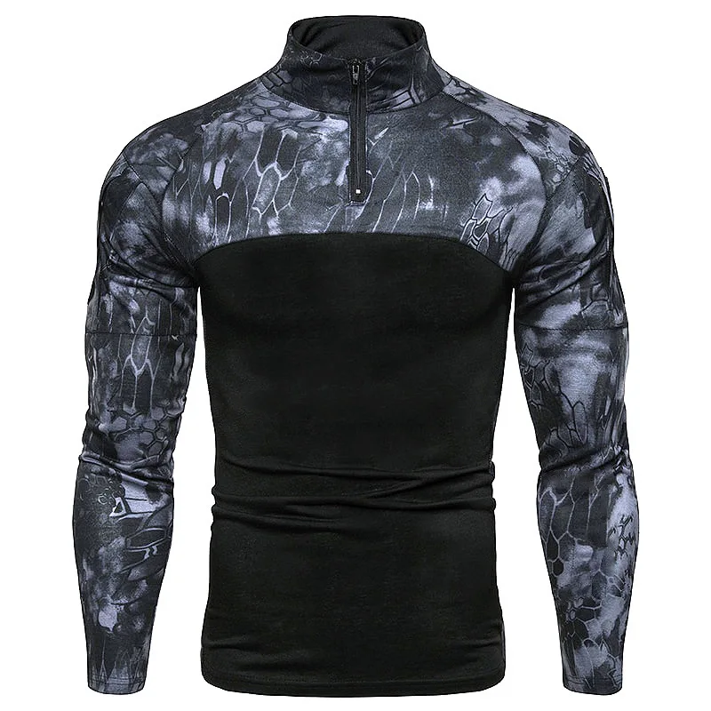 Men's T-shirt Men's Summer Camouflage Color Blocking Long Sleeved American T-shirt Military Style European Size Trend Men's