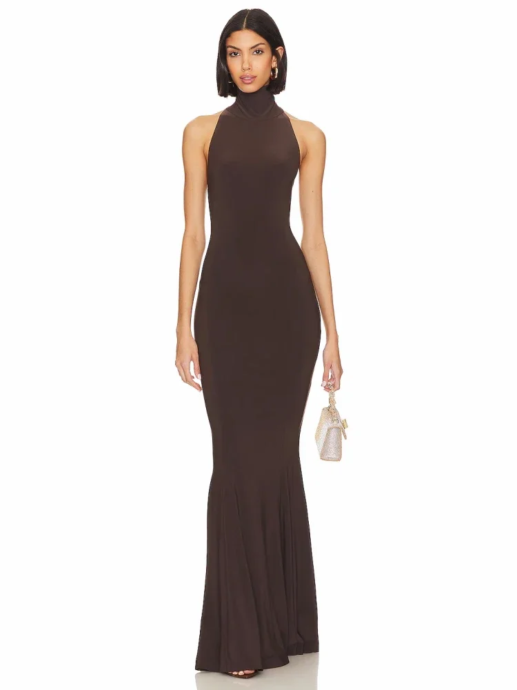 

Sexy Halter Backless Mermaid Maxi Dress Women Brown Elegant Sleeveless Bodycon Maxi Dresses Celebrity Evening Club Party Gowns