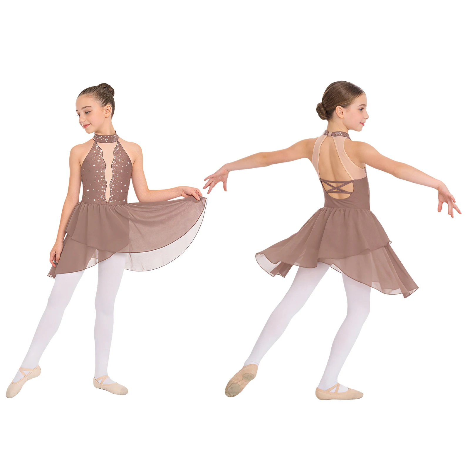 Kinderen Meisjes Glanzende Strass Ballet Jersey Lyrische Dansjurk Mouwloos Sheer Mesh Artistiek Kunstschaatsen Gymnastiekkostuum