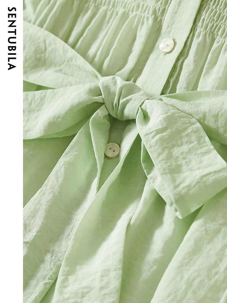 Sentubila abito camicia con cintura Smocked verde chiaro per donna 2023 elegante colletto rovesciato manica A sbuffo una linea abiti estivi al