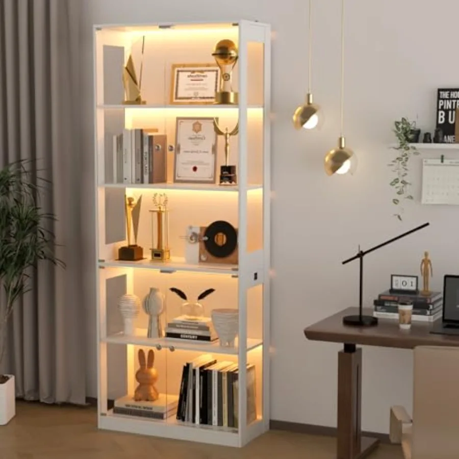 80'' Display Cabinet with Glass Door for Living Room, Tempered Glass and Wood, Black, Adjustable Shelves and LED Lighting view 6