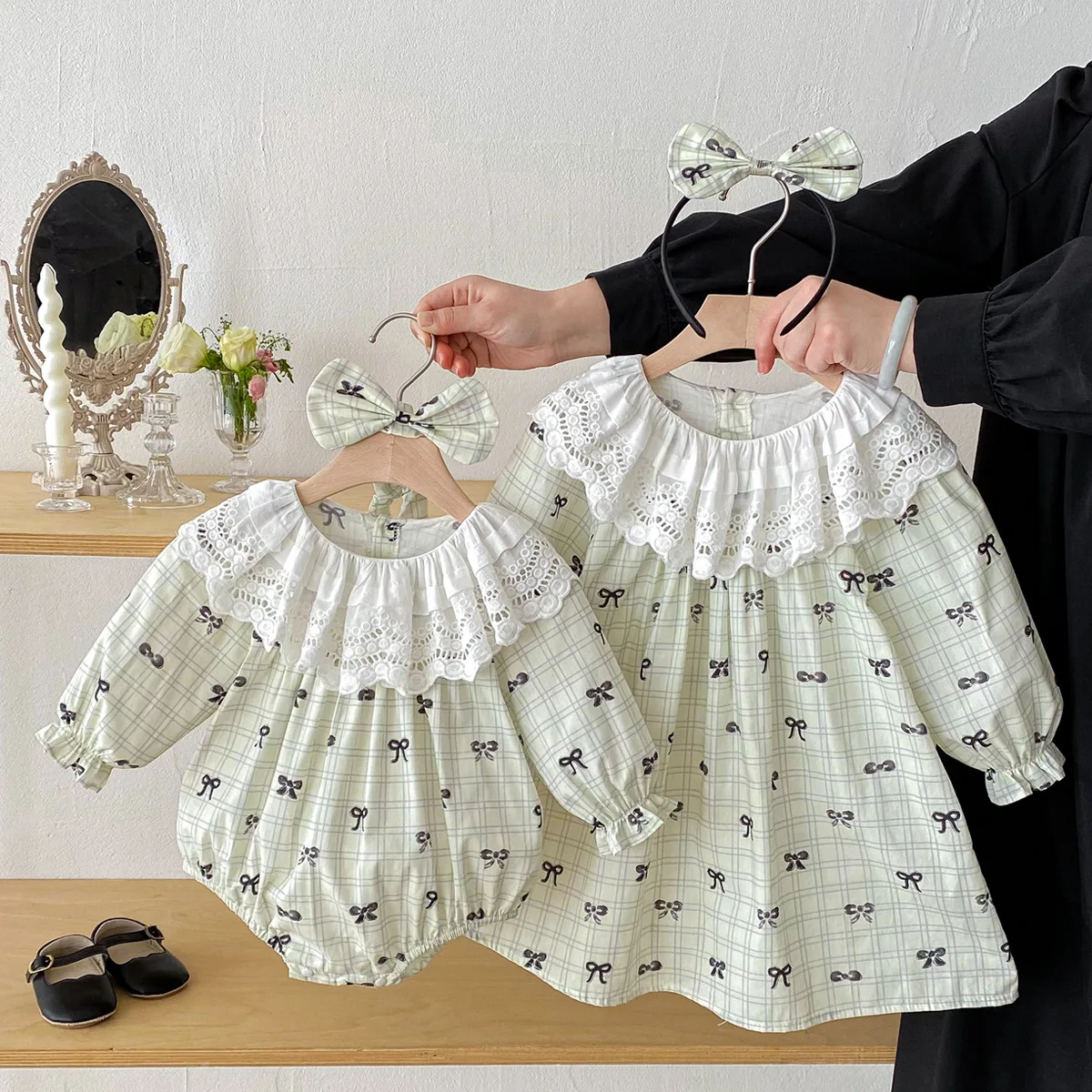2026 Spring Baby Girl Lace Trim Collar Bodysuit Dress Princess Style Matching Sibling Outfits Soft Comfortable Daily Party Set