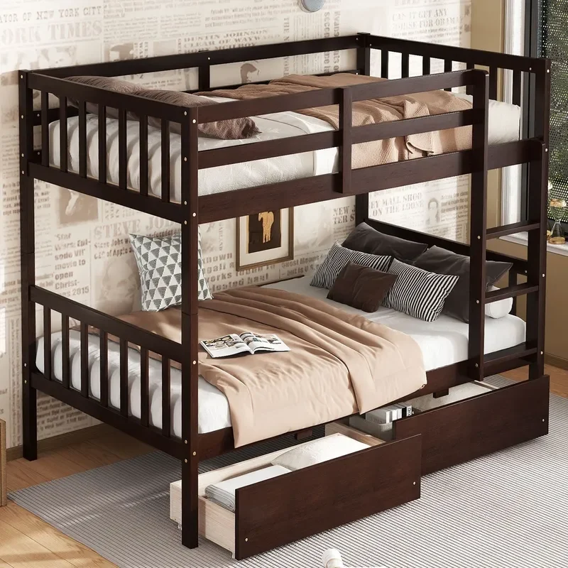 Dark Solid Wood Kids Bunk Bed Separable with Storage Drawers Space Saving Bedroom Furniture for Children