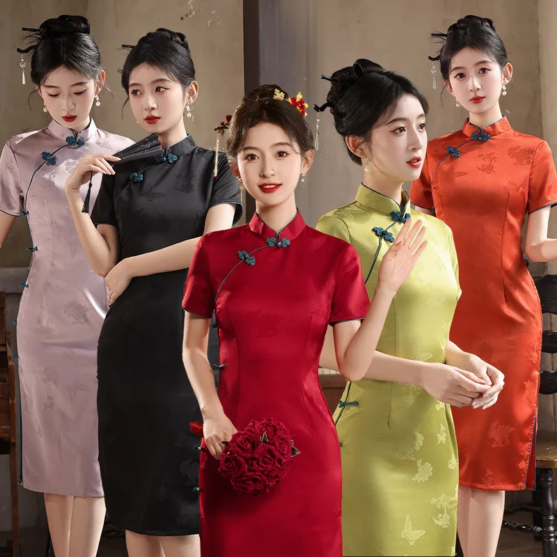 

Yourqipao Китайское традиционное красное платье Cheongsam на каждый день, элегантное женское платье Ципао для выступлений на сцене