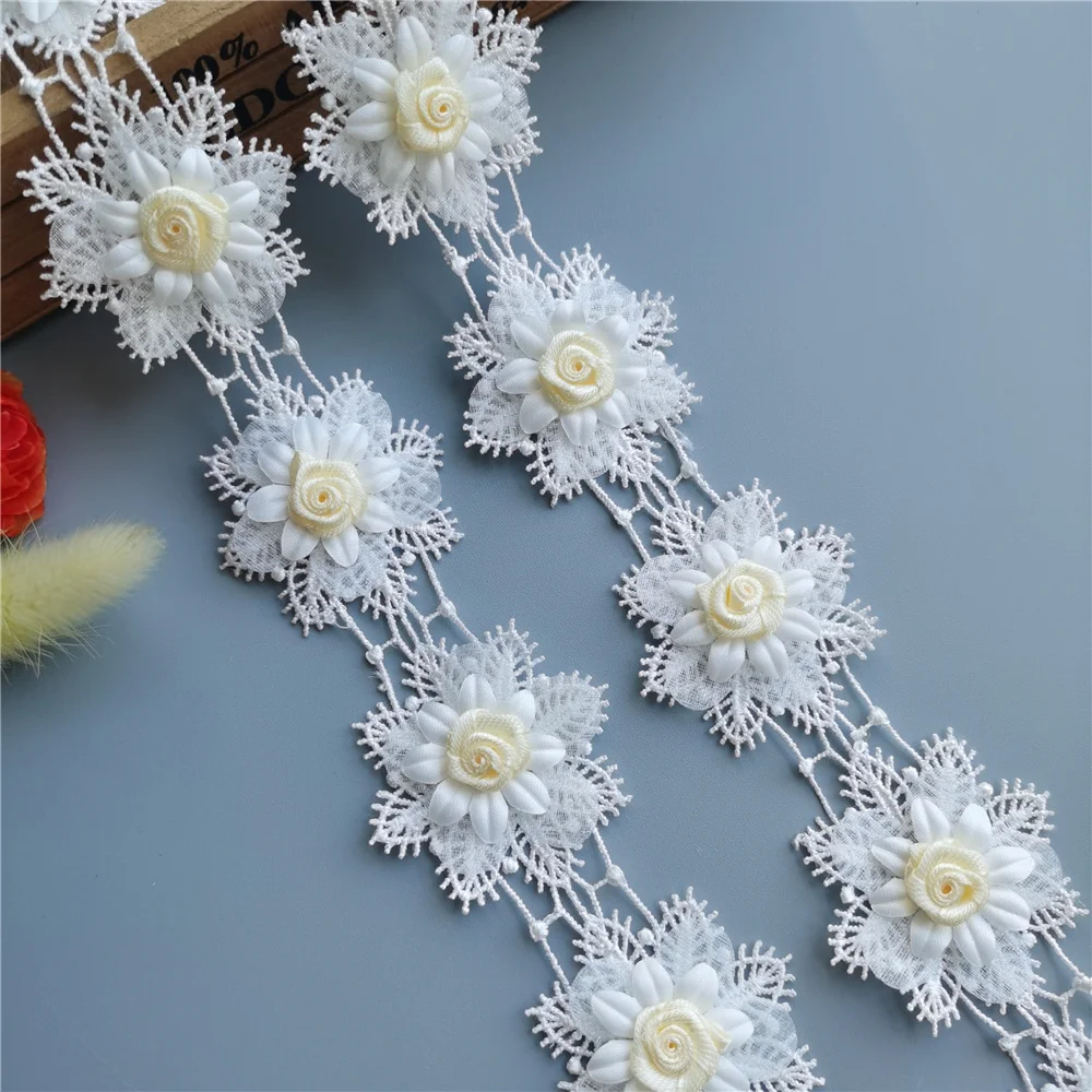 4.5*4.5cm 10x White Eyelash Rose Flower Lace Trim Ribbon Embroidered Patchwork Sewing Crafts Bridal Dress Accessories Decoration