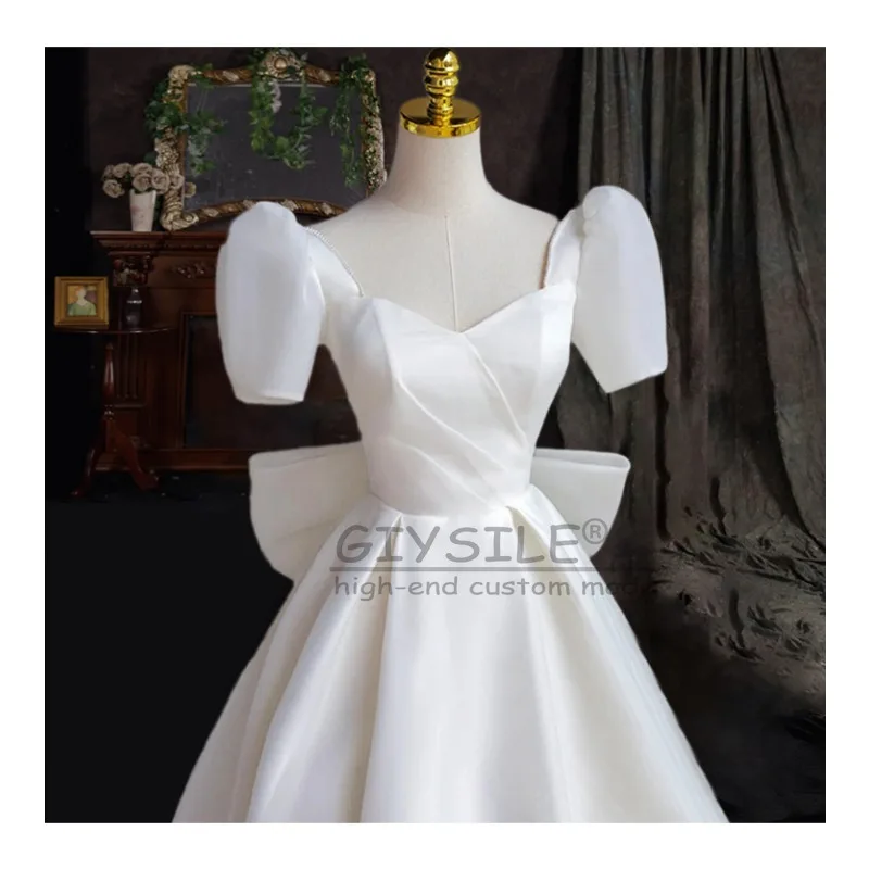 GIYSILE فستان زفاف من الساتان 2025 فستان زفاف خفيف جديد جو قصر عتيق بسيط أنيق صديرية دائرية كم قصير حزام الظهر