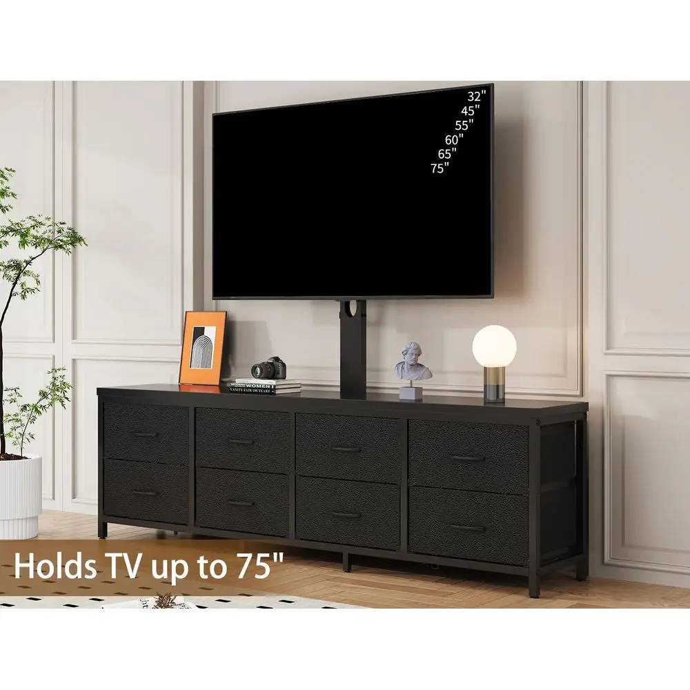 حامل تلفزيون خزانة مقاس 63 بوصة مع حامل، مركز ترفيه طويل من القماش مع 8 أدراج، طاولة وحدة تحكم الوسائط السوداء لـ Liv #4