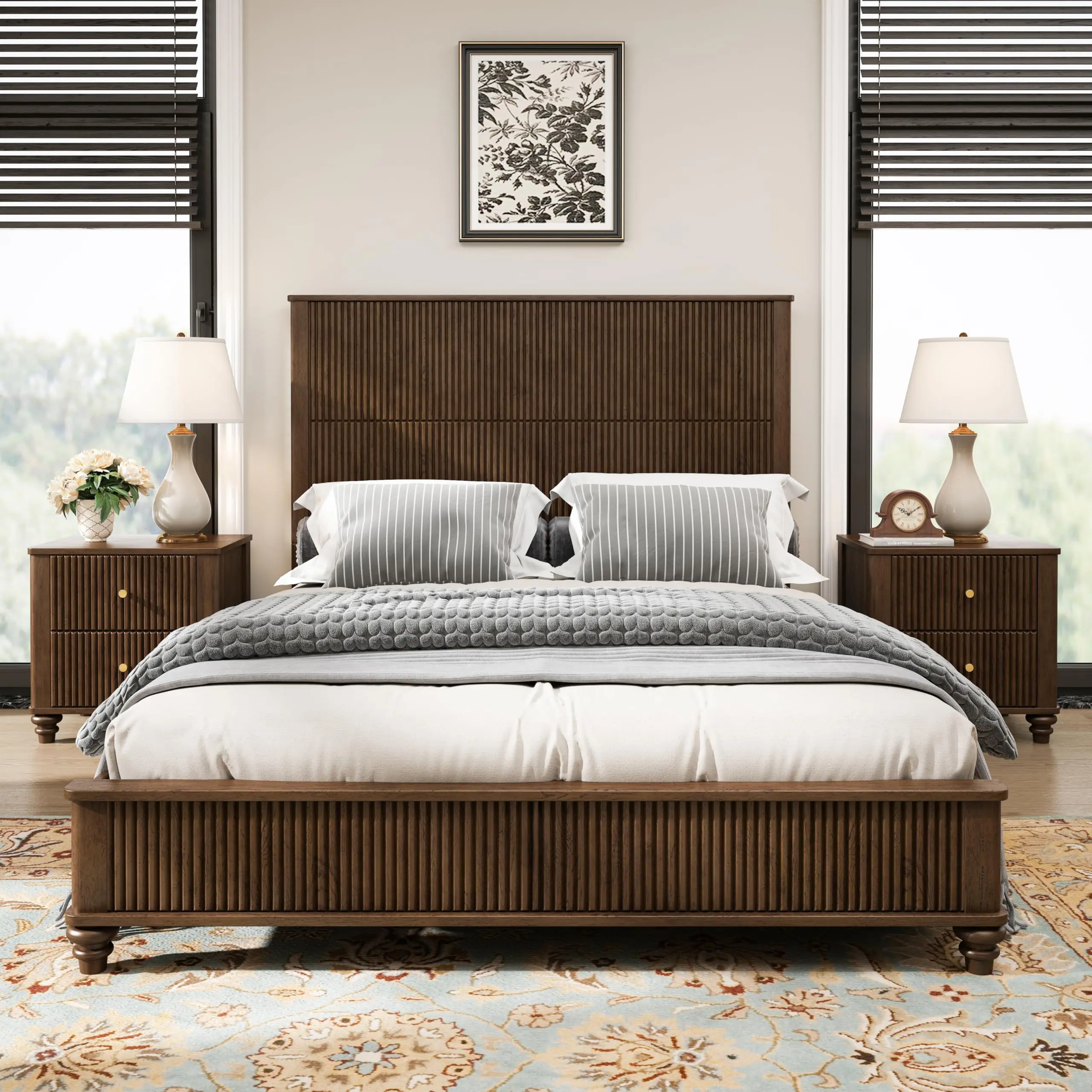 3-Pieces Bedroom Sets, Queen Size Platform Bed with 2 Nightstands, Solid Wood Platform Bed Fe with Tall board and