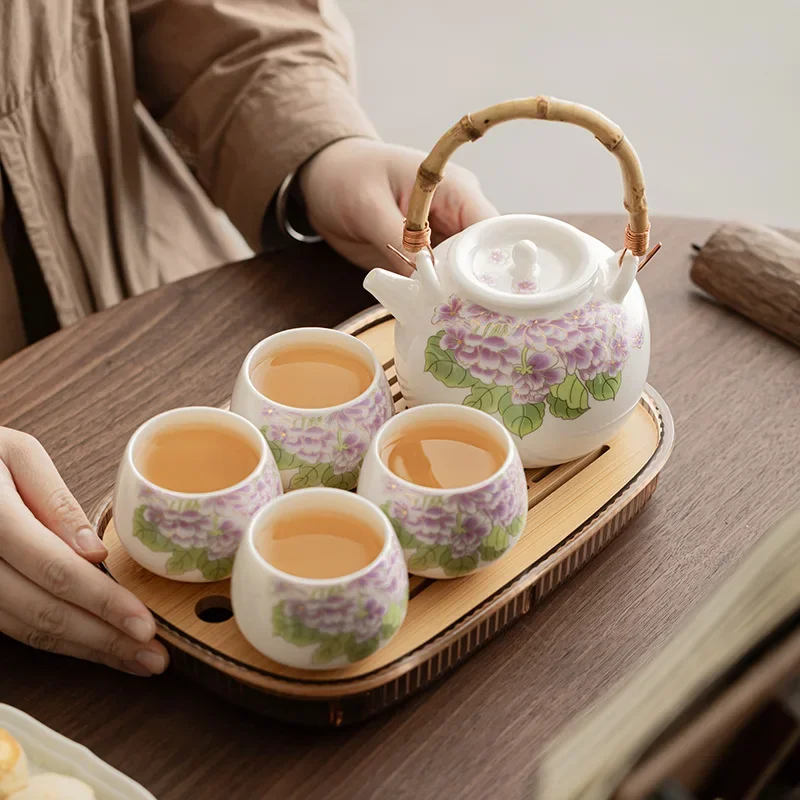 Handmade Flower Mutton Fat Jade Porcelain Lifting Kettle, One Pot Two Cups Four Cups, Kung Fu Teapot, Tea Set Household Teacup