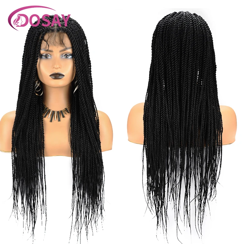 Wig kepang senegese sintetis, Wig hitam kotak kepang putaran renda depan 36 "tanpa simpul, renda penuh untuk wanita