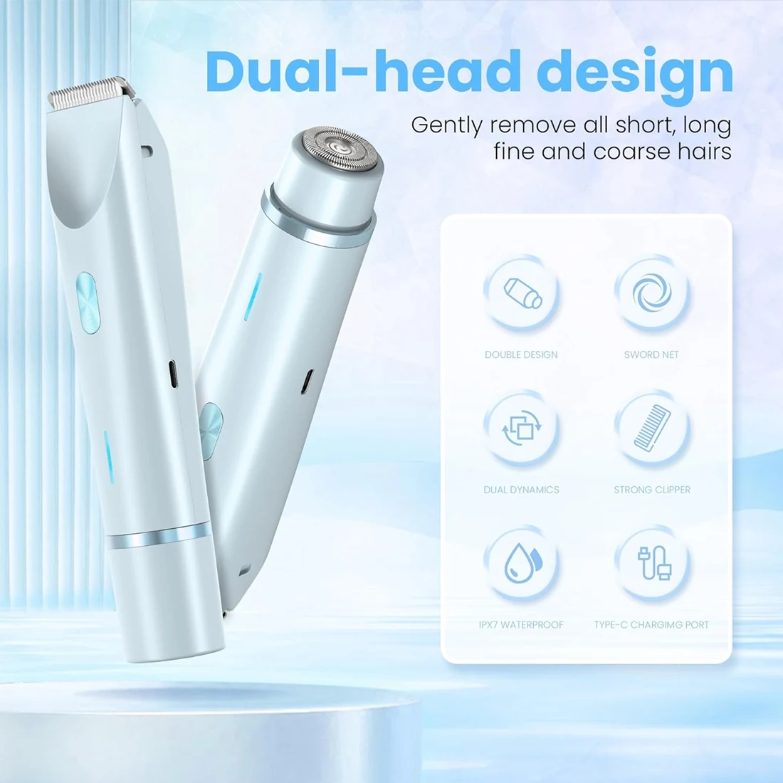 

【Great Sale】Dual Head Electric Razor For Women Bikini Trimmer 2 In 1 IPX7 Waterproof,Dry& Wet Use Pain-Free For Private Area