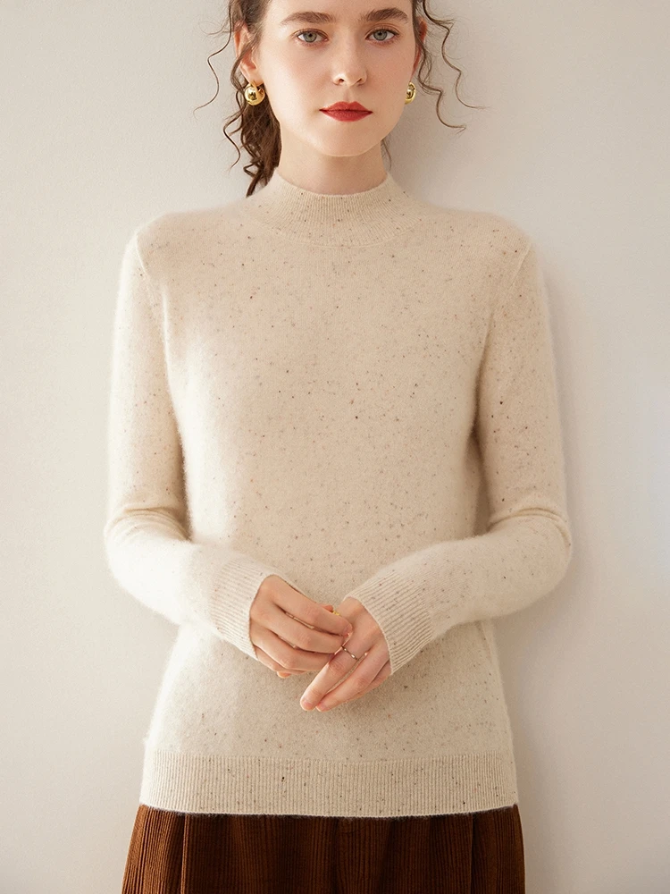 

Autumn Winter 100% Cashmere Clothes Women's Pullover Sweater Retro Half High Neck Knit Lazy Leisure Slim Warm Sweater Base Tops