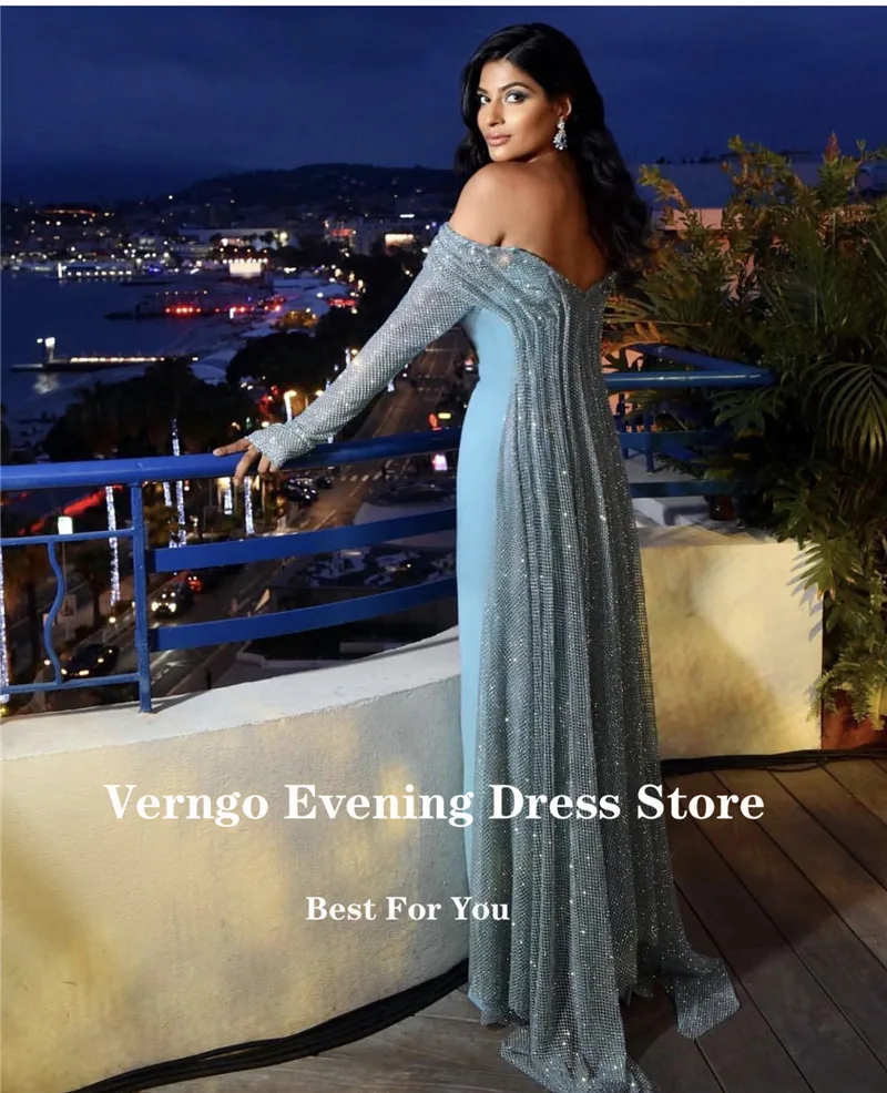 Verngo Glitter Light Sky Blue Long Sleeves Evening Dresses Off the Shoulder Sweetheart Fitted Formal Prom Gown Celebrity Dress