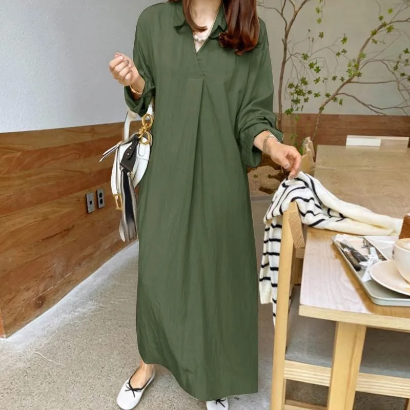 2024 V Neck Maxi Dress New Fsahion Elegant Solid Color Cotton Long Sleeve Fall Spring Temperament Loose Plus Size Female Dress