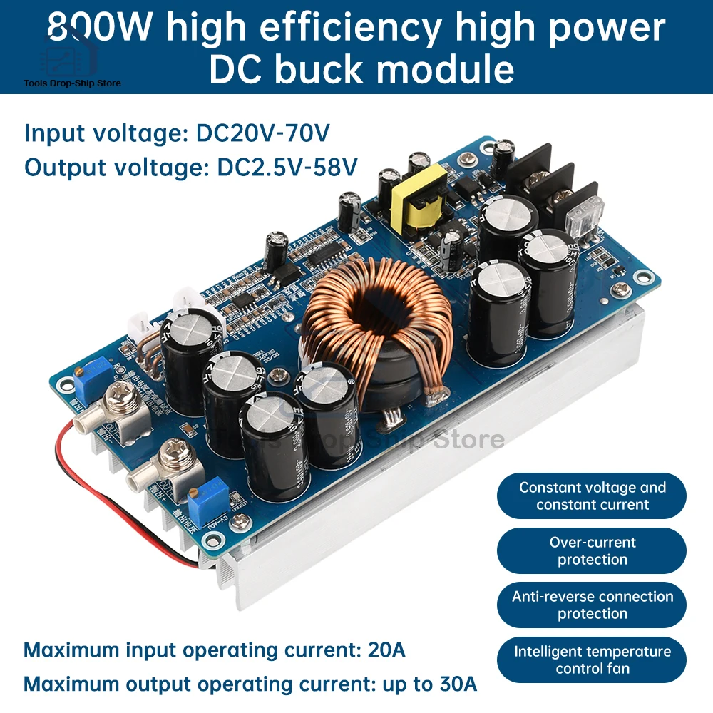 800w de alta potência DC-DC conversor buck 30a estabilizadores solares cv cc step-down fonte de alimentação ajustável DC20V-70V reguladores de tensão