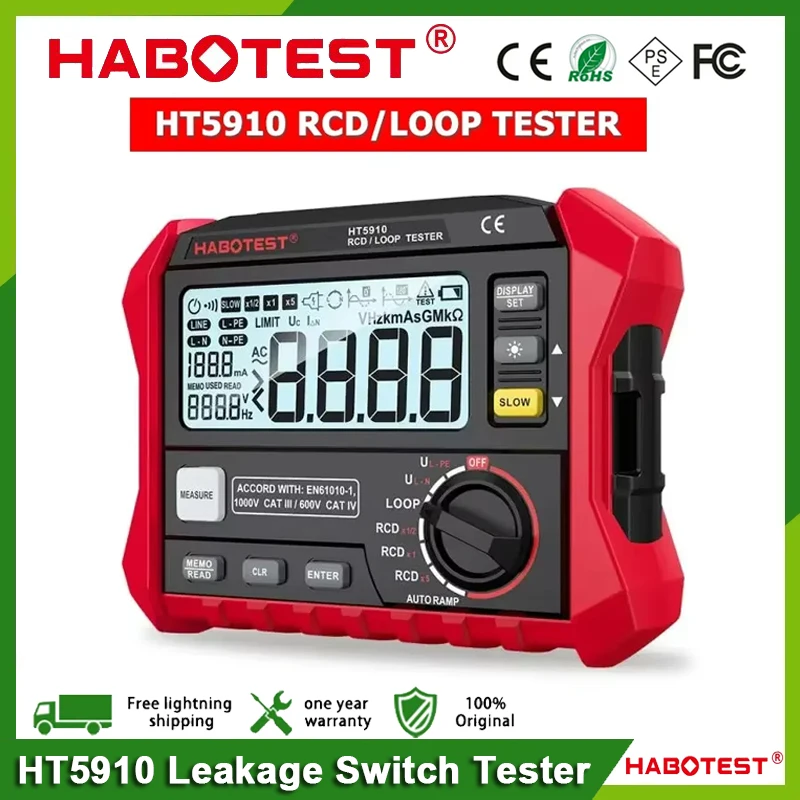 HABOTEST HT5910 Resistance Meter Leakage Switch Tester 4.7inch Digital RCD/Loop Tester 1000 Data Storage Electrician Tester