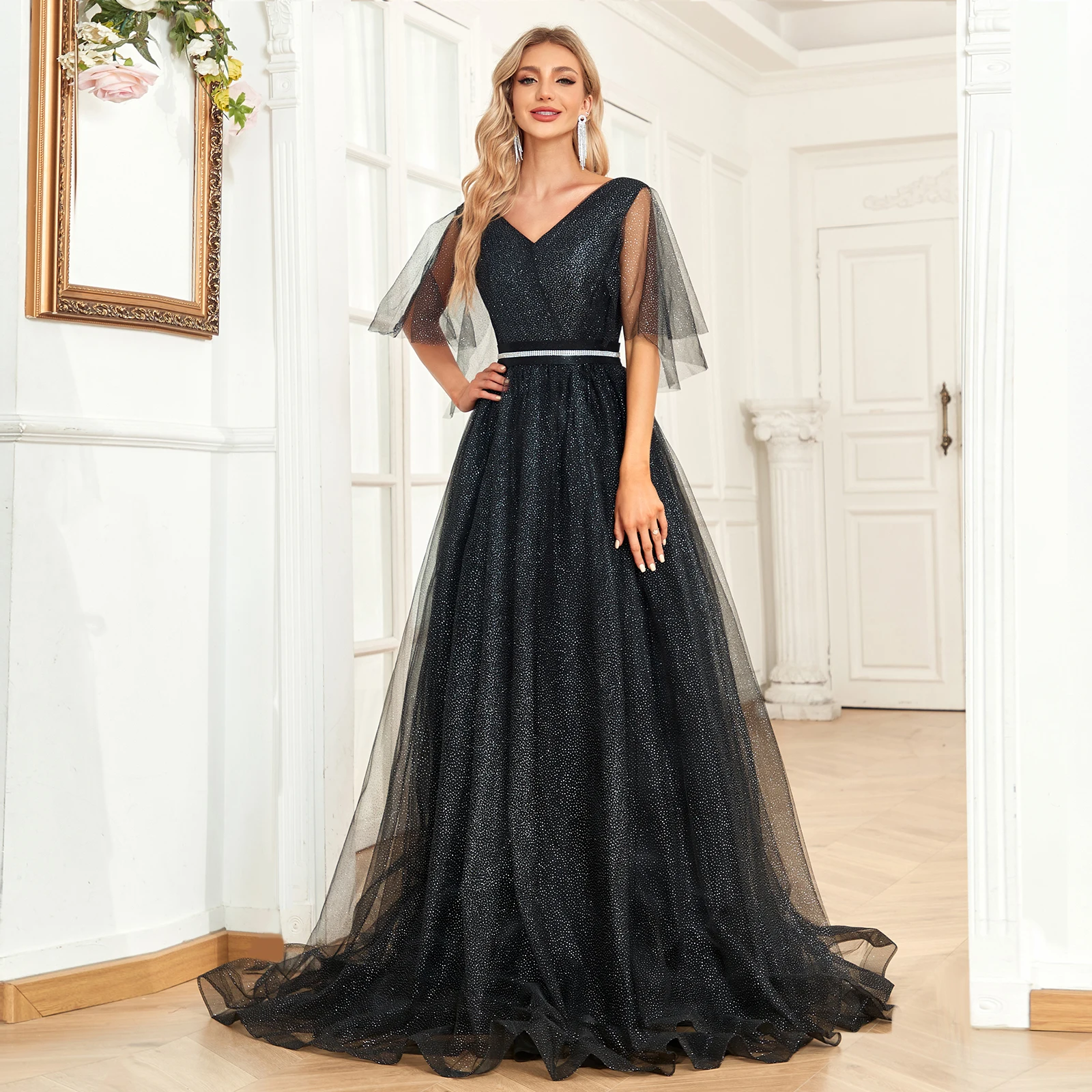 

Vintage Black Glitter Evening Dress V Neck Puffle Long Wedding Prom Dresses A-line Lace-up Back Vestido de noche Customize