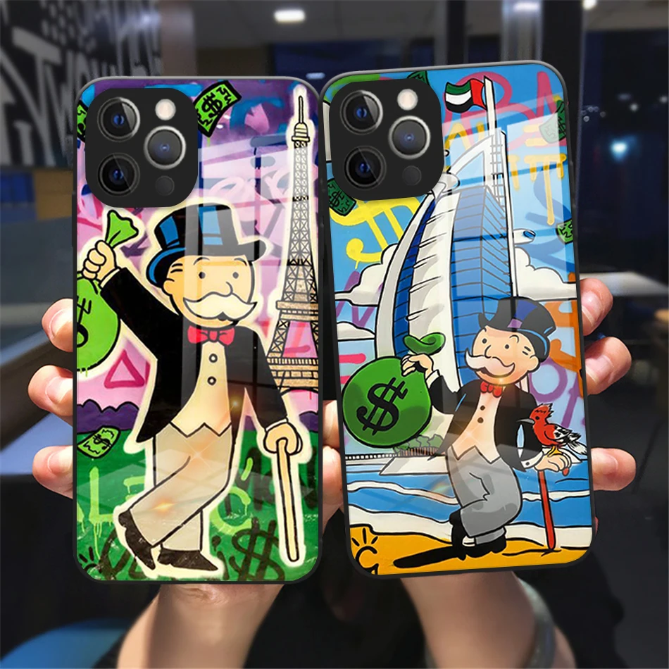 

Trend Cartoon Dollar Alec Monopoly Glass Phone Cover For iPhone 11 12 13 14 15 16 Pro Max 15 16 Plus Black Tempered bumper Case