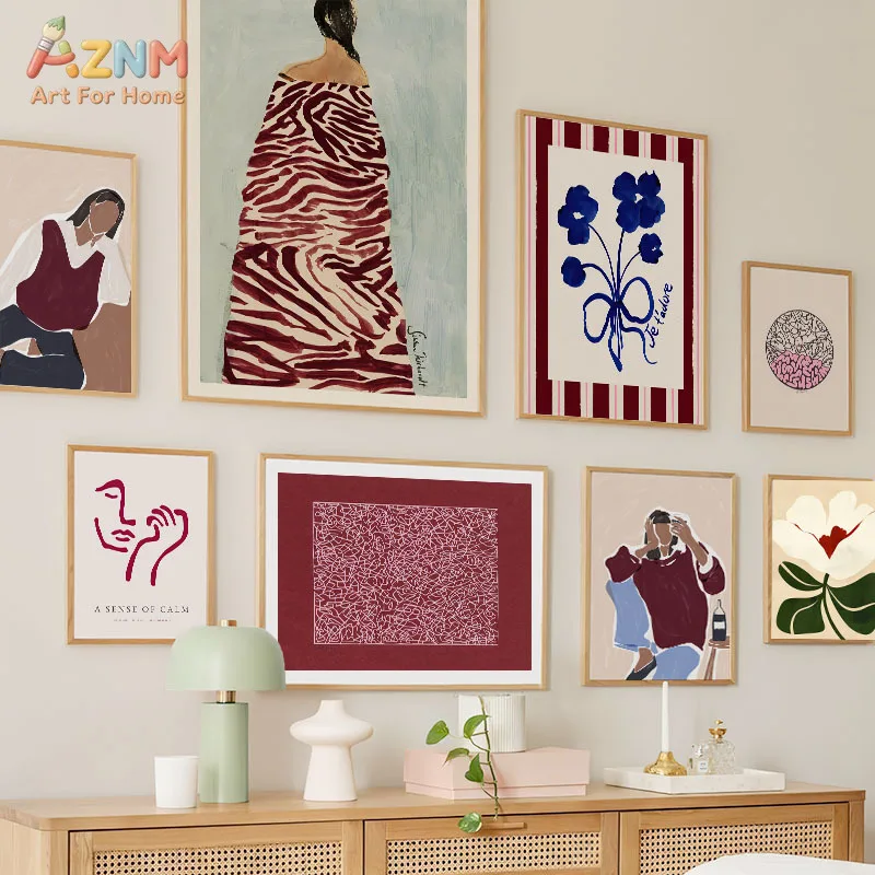 AZNM A Sense Of Calm Canvas Wall Art Burgundy Single Line Woman Face Hand Minimalist Abstract Figure Print Unframed Canvas Boho