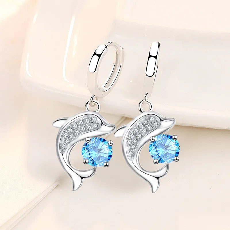 Cute Dolphin Drop Earrings For Women Tiny Huggie With Cubic Zircon Pendant Female Romantic Dangle Earring Jewelry Accessory Gift