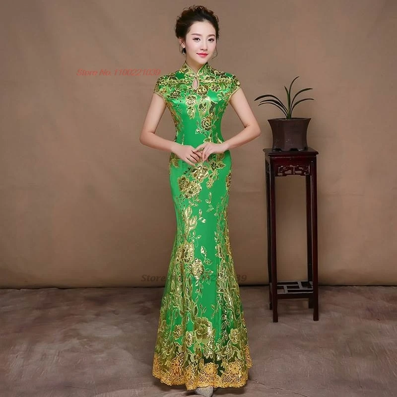 2026 chinese traditional dress cheongsam national flower embroidery improved lace qipao wedding banquet evening dress qipao