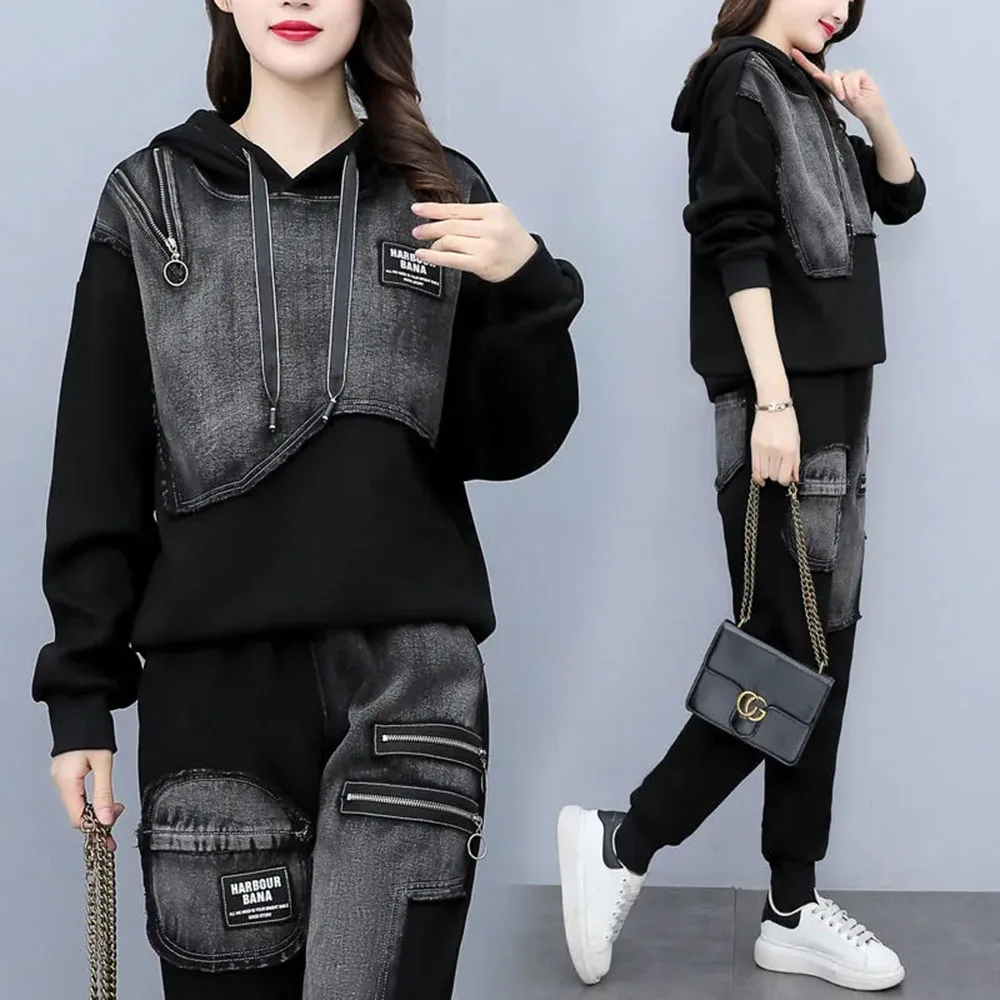 2023 inverno denim pantaloni set moda harem jeans + patchwork con cappuccio manica lunga cappotto top femminile casual streetwear vestito a due pezzi