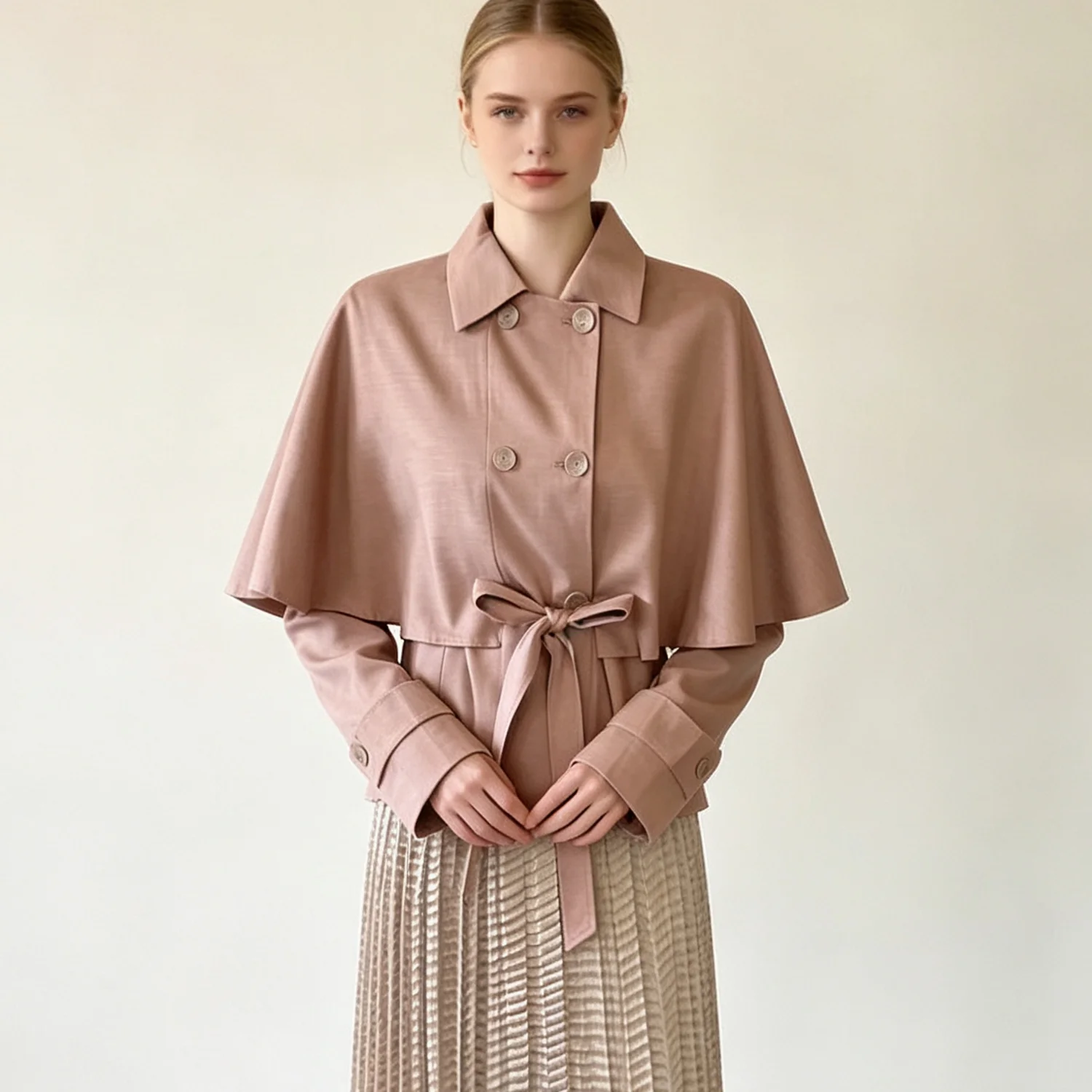 PUAL  cape design coat, lapel double-breasted jacket with waist tie belt, tailored slim fit elegant outerwear for autumn wear