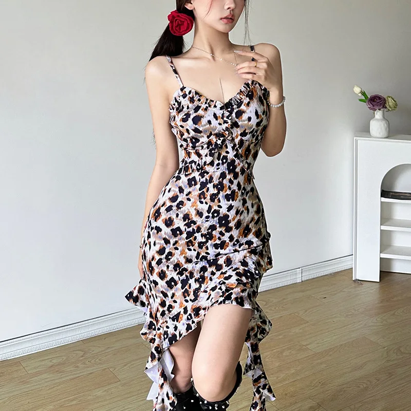 

Elegant Leopard Print Sling Dresses for Summer women' Dress 2024 New Fashion Sexy Backless Wrapped Chest Mini Dress with Tassels