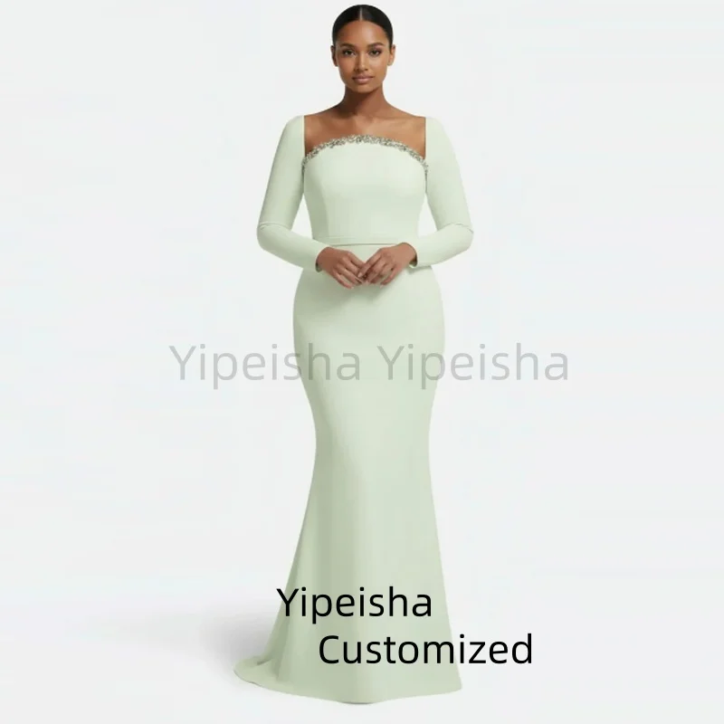 

Customized Square Crystals Neck Mint Crepe Green Dress Evening Dresses Floor Length Party Prom Gowns Formal vestidos de fiesta