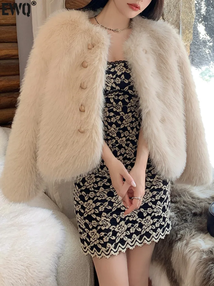 [EWQ] Korean Chic Casual Faux Fox Fur Coat Double Breasted Beautiful Women Long Sleeved Keep Warm Fur Jacket 2024 Winter 16O3743