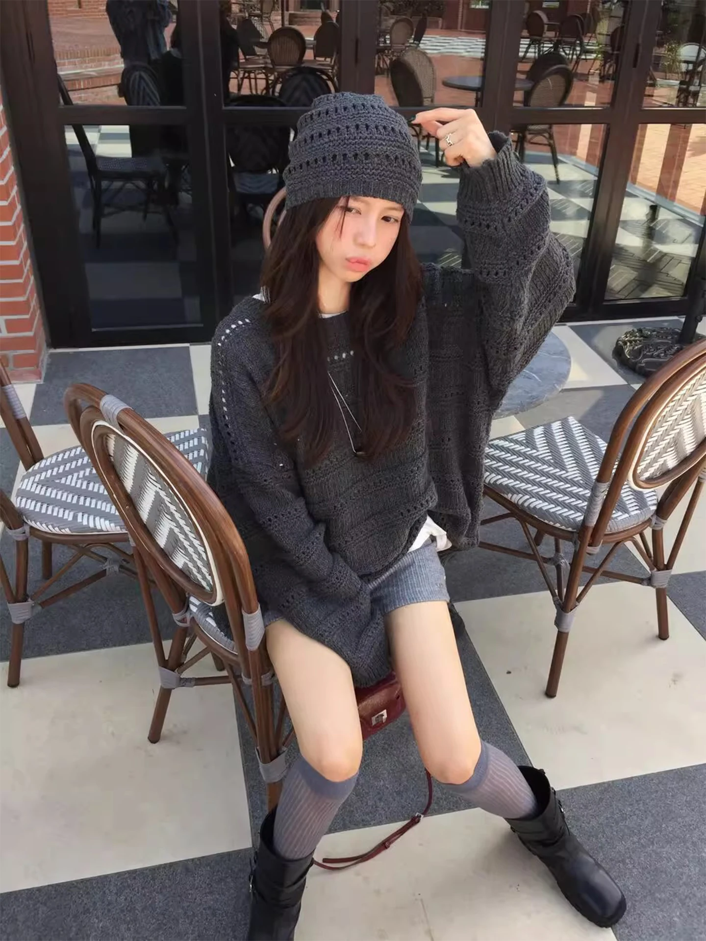 

Women's Loose Knitted Sweater with Hat Vintage Heavy Embroidery Design Autumn New Sle Long Sve round Ne Top