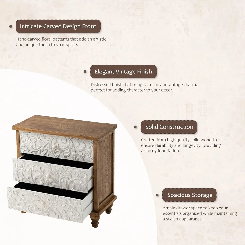 خزانة مزرعة مكونة من 3 أدراج مع عزر زهور منقوشة، منضدة عتيقة لغرفة النوم، مجمعة بالكامل تقريبًا