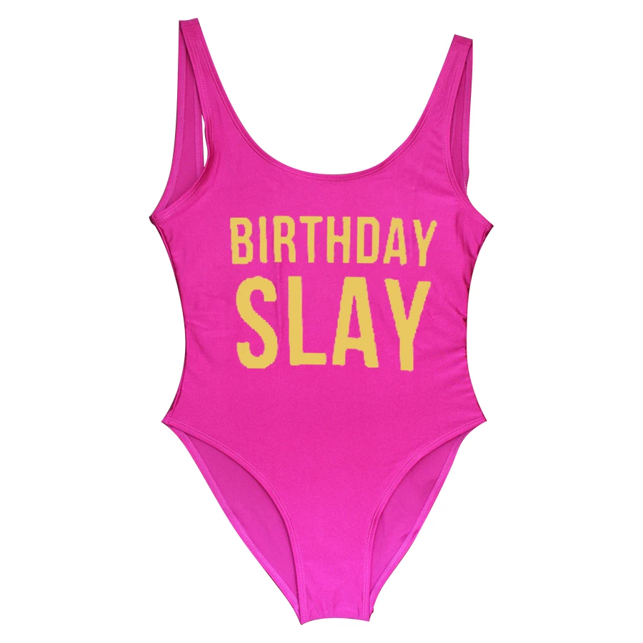 One Piece Swimsuit Birthday Slay Golden Letter print Swimwear Women High Cut Bathing Suit Plus Size Monokini Sexy Beachwear