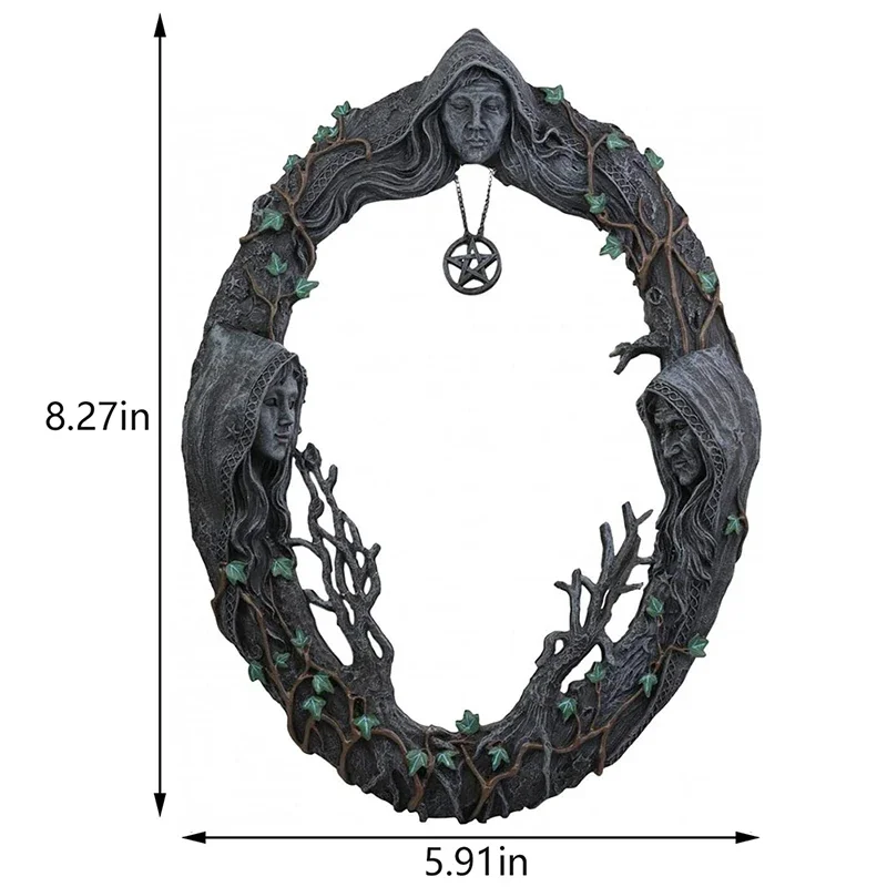 Celtic Sacred Moon Triple Goddess Mother Maiden Crone Wall Hanging Mirror With Pentagram Amulet Pendant Plaque Decor