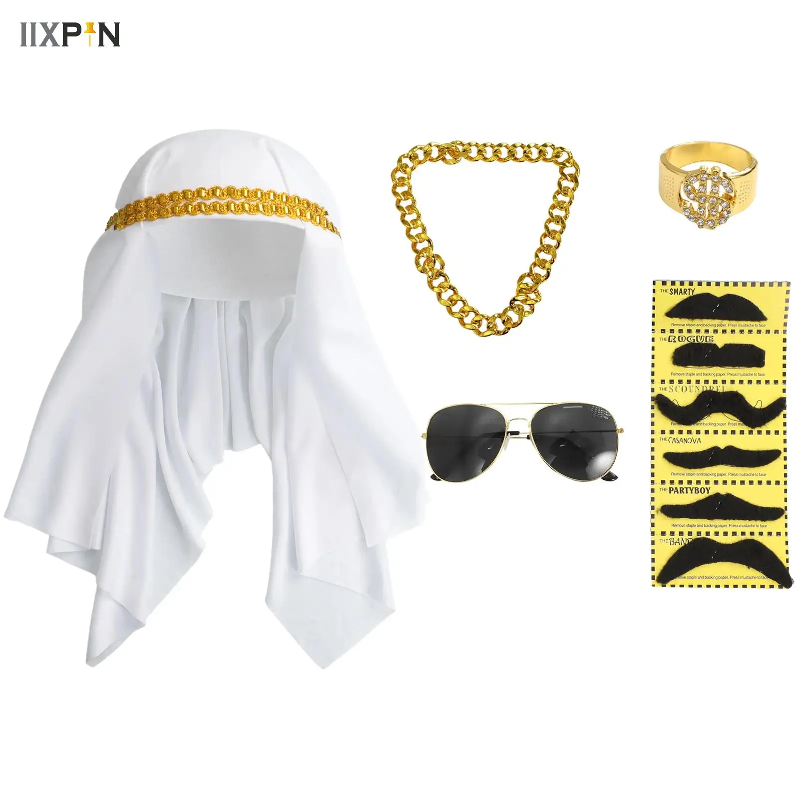 

Men Arabia Arab Cosplay Costume Accessory Sets Head Scarf Hat Beard Glasses Necklace Supply Props for Themed Party Photography